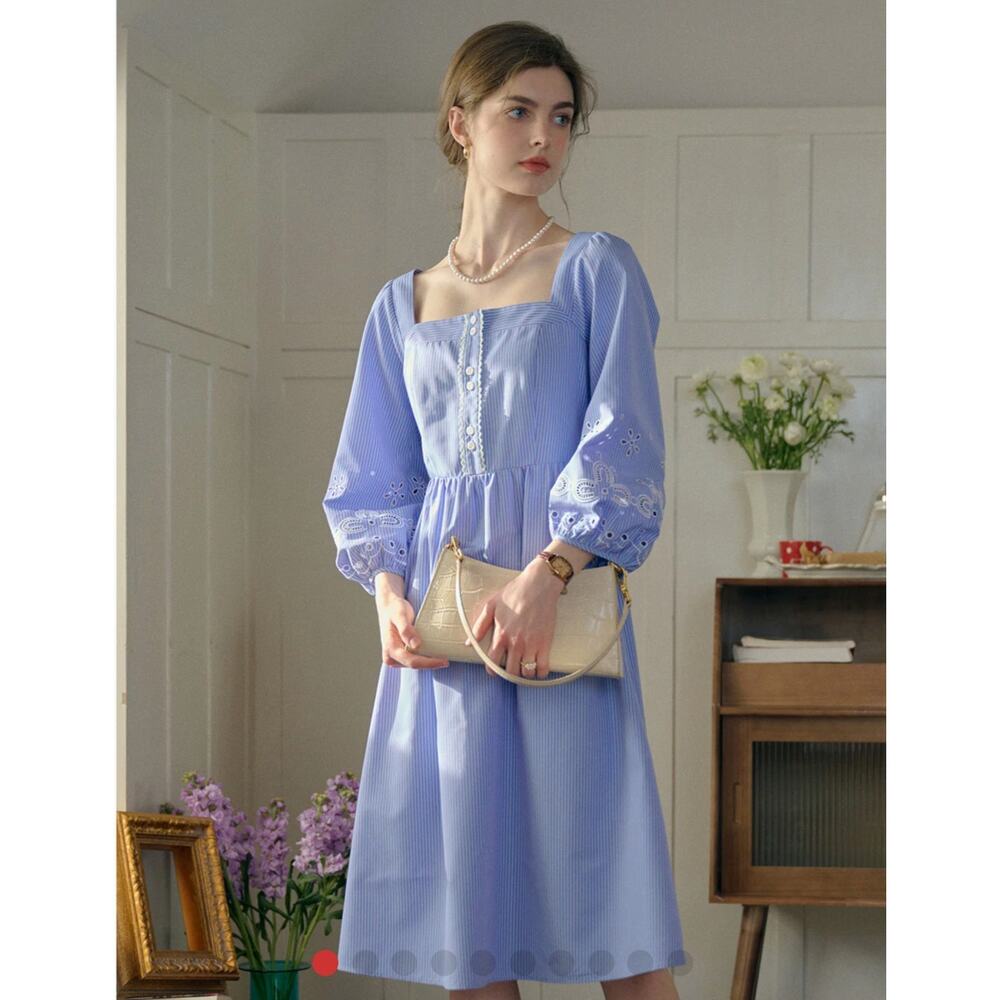 Simple Retro Indigo Embroidered Puff Sleeve Square Neck Dress Blue Purple Large